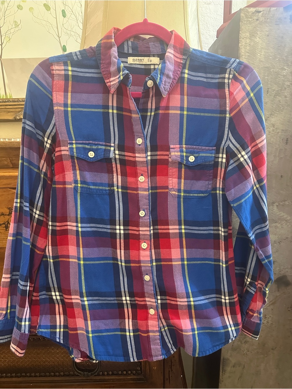 Old Navy Blue, Pink & Purple Plaid Button-Down Shirt